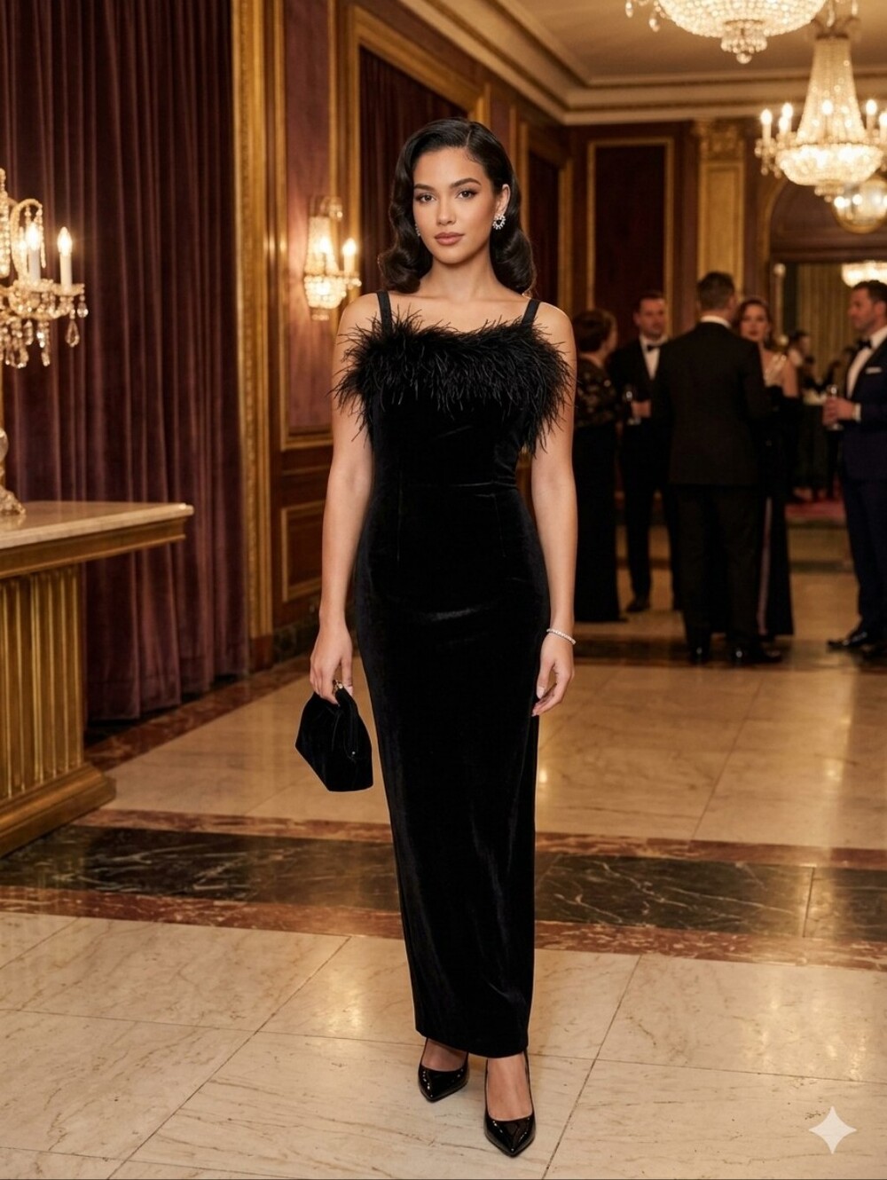 Elegant Black Feather-Trim Alex  Evening Dress